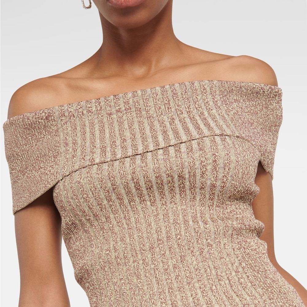 Ganni Tan Off-the-Shoulder Sweater with Ribbed Detailing